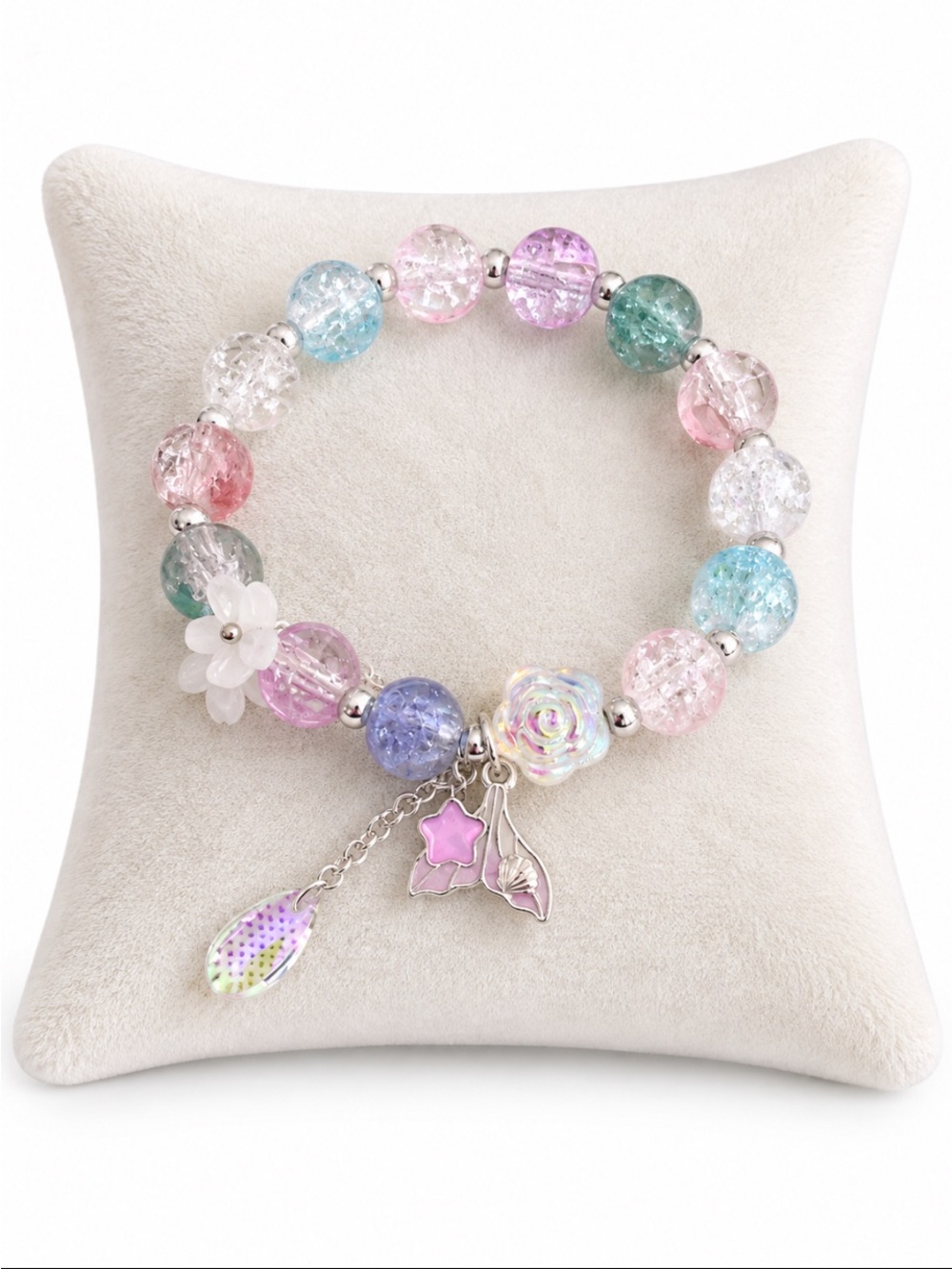 Pastel Multicolor Charm Beaded Stretch Bracelet with Flower Accent